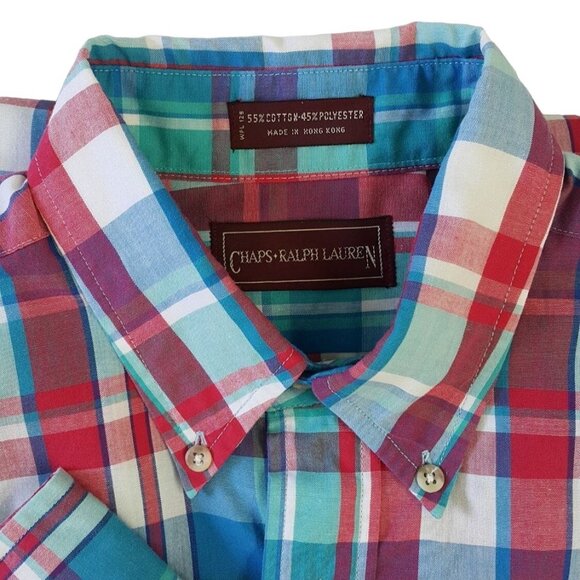 Chaps Ralph Lauren Mens Plaid Button Down Shirt Red Blue Medium Long Sleeve - Picture 4 of 5